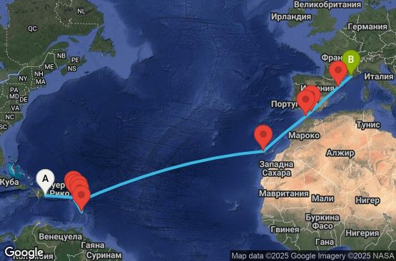 Маршрут на круиз Antilles, Canary Islands, Morocco, Spain, France - SDQ19A03