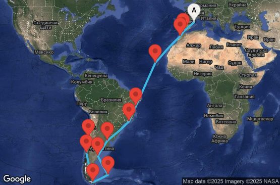 Маршрут на круиз 34 дни Испания, Гибралтар, Мароко, Кабо Верде, Бразилия, Аржентина, Фолкландски острови (Малвински), Чили - UYQ2