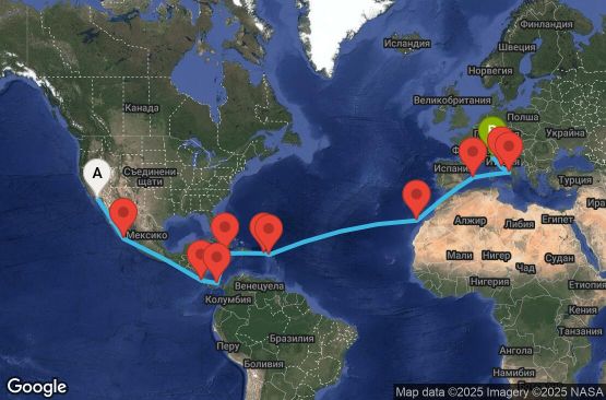 Маршрут на круиз 29 дни САЩ, Мексико, Коста Рика, Панама, Ямайка, Британски вирджински острови, Нидерландски Антили, Испания, Италия - UYQ5