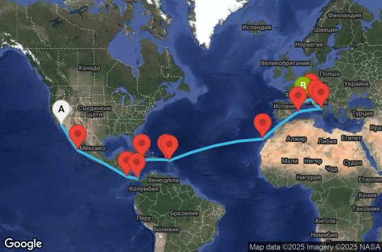 Маршрут на круиз 30 дни САЩ, Мексико, Коста Рика, Панама, Ямайка, Британски вирджински острови, Нидерландски Антили, Испания, Италия, Франция - UYQ6