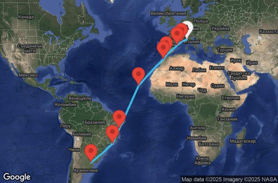 Маршрут на круиз 21 дни Италия, Франция, Испания, Гибралтар, Мароко, Кабо Верде, Бразилия, Аржентина - UYPX