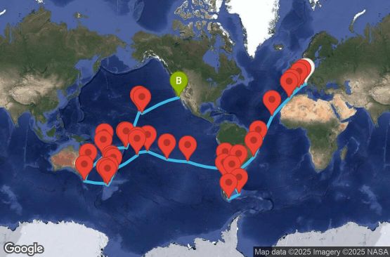 Маршрут на круиз 92 дни Италия, Франция, Испания, Гибралтар, Мароко, Кабо Верде, Бразилия, Аржентина, Фолкландски острови (Малвински), Чили, Великобритания, Френска Полинезия, Острови Кук, Нова Зеландия, Австралия, Нова Каледония, Вануату, Самоа, Американска Самоа, САЩ - UYPY