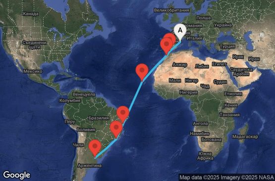 Маршрут на круиз 19 дни Испания, Гибралтар, Мароко, Кабо Верде, Бразилия, Аржентина - UYQ1