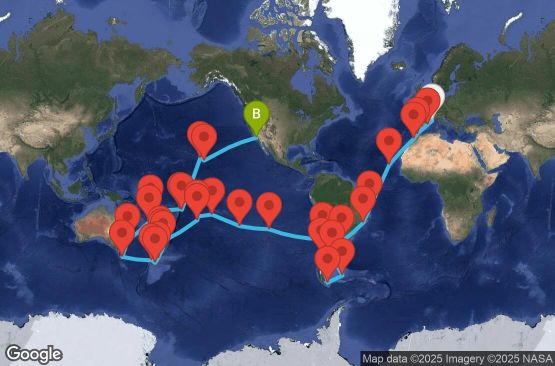Маршрут на круиз 91 дни Франция, Испания, Гибралтар, Мароко, Кабо Верде, Бразилия, Аржентина, Фолкландски острови (Малвински), Чили, Великобритания, Френска Полинезия, Острови Кук, Нова Зеландия, Австралия, Нова Каледония, Вануату, Самоа, Американска Самоа, САЩ - UYPZ