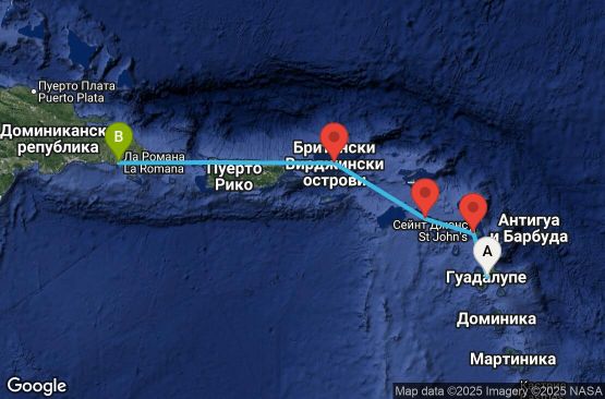 Маршрут на круиз 4 дни Гваделупа, Антигуа и Барбуда, Сейнт Китс и Невис, Британски вирджински острови, Доминиканска република - PTP04A06