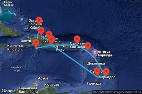 Маршрут на круиз 14 дни Гваделупа, Сейнт Китс и Невис, Британски вирджински острови, Доминиканска република, Търкс и Кайкос, Сейнт Винсент и Гренадини, Барбадос - PTP14A40