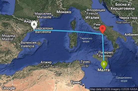 Маршрут на круиз 4 дни Испания, Италия, Малта - EX20260402BCNMLA