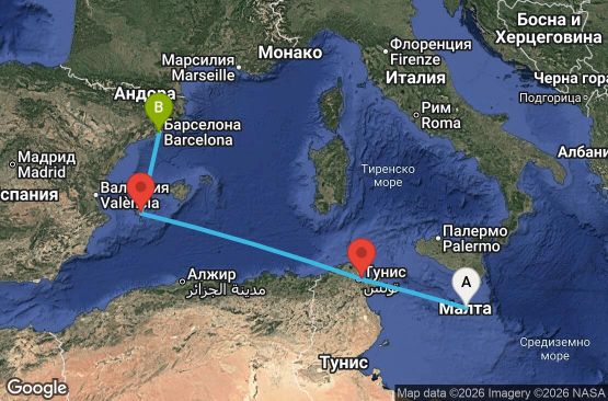 Маршрут на круиз 4 дни Малта, Тунис, Испания - EX20260429MLABCN