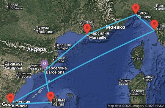 Маршрут на круиз 7 дни Испания, Франция, Италия - UYLI