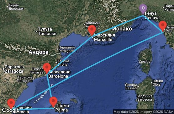 Маршрут на круиз 7 дни Италия, Испания, Франция - UYKS