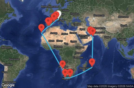 Маршрут на круиз 38 дни Италия, Франция, Испания, Намибия, Южна Африка, Мавриций, Оман, Обединени арабски емирства - SVN38A05