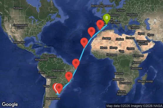 Маршрут на круиз 21 дни Уругвай, Аржентина, Бразилия, Кабо Верде, Испания, Мароко - MVD21A04