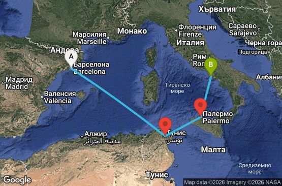 Маршрут на круиз 4 дни Испания, Тунис, Италия - UWT3