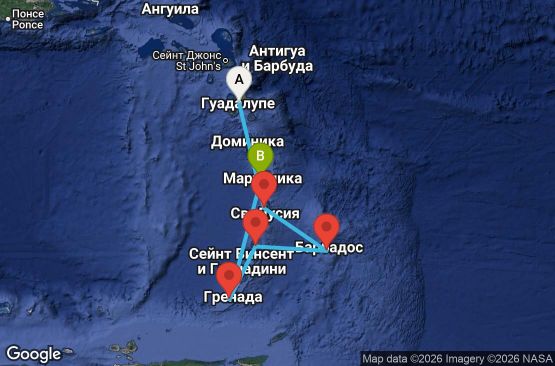 Маршрут на круиз 6 дни Гваделупа, Сейнт Лусия, Барбадос, Сейнт Винсент и Гренадини, Гренада, Мартиника - UVVM