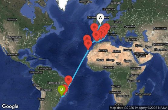 Маршрут на круиз 25 дни Великобритания, Испания, Франция, Португалия, Бразилия - UZ0G