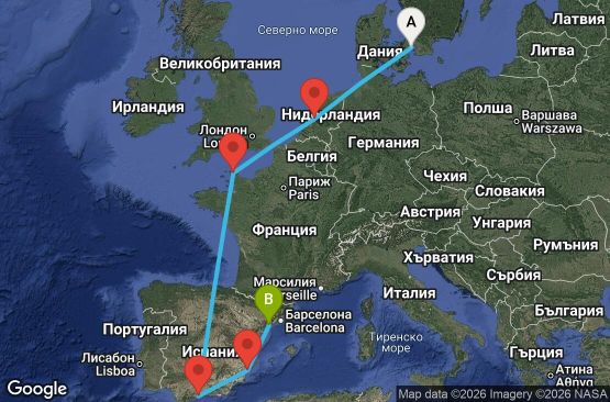 Маршрут на круиз 9 дни Дания, Нидерландия, Франция, Испания - UYZ6