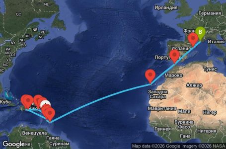 Маршрут на круиз 21 дни Антилски острови, Вирджински острови, Доминиканска република, Канарски острови, Мароко, Испания, Франция - PTP21A0G