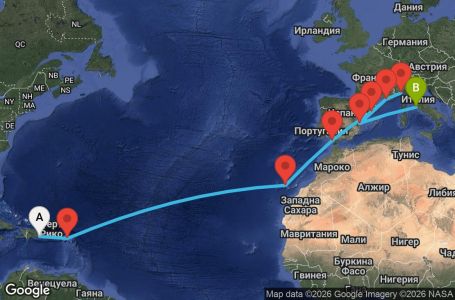 Маршрут на круиз 19 дни Доминиканска република, Антилски острови, Канарски острови, Испания, Франция, Италия - LRM19A05