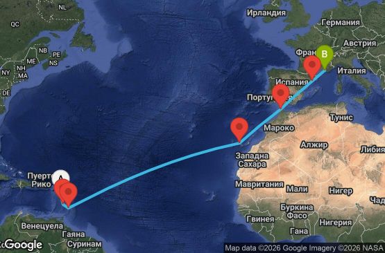 Маршрут на круиз 14 дни Антилски острови, Канарски острови, Мароко, Испания, Франция - PTP14A43