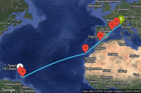 Маршрут на круиз 15 дни Антилски острови, Канарски острови, Мароко, Испания, Франция, Италия - PTP15A0D