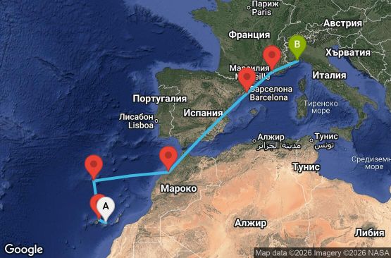 Маршрут на круиз 8 дни Канарски острови, Мадейра, Мароко, Испания, Франция, Италия - LPA08A04