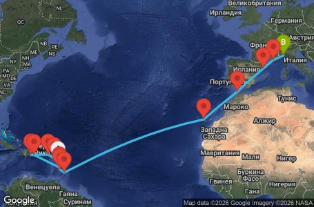 Маршрут на круиз 22 дни Антилски острови, Вирджински острови, Доминиканска република, Канарски острови, Мароко, Испания, Франция, Италия - PTP22A0D