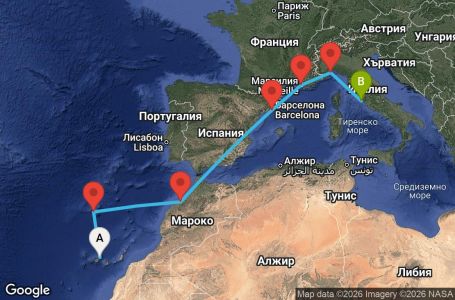 Маршрут на круиз 8 дни Канарски острови, Мадейра, Мароко, Испания, Франция, Италия - TCI08A07