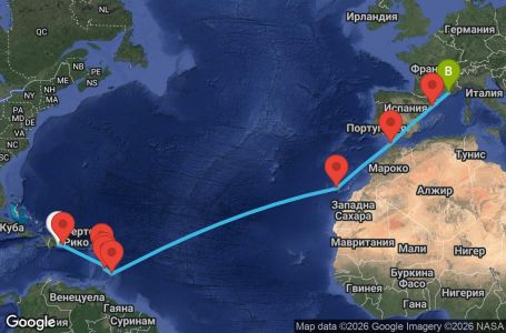 Маршрут на круиз 18 дни Доминиканска република, Антилски острови, Канарски острови, Мароко, Испания, Франция - SDQ18A04