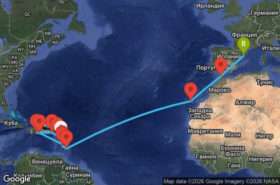 Маршрут на круиз 20 дни Антилски острови, Вирджински острови, Доминиканска република, Канарски острови, Мароко, Испания - PTP20A07