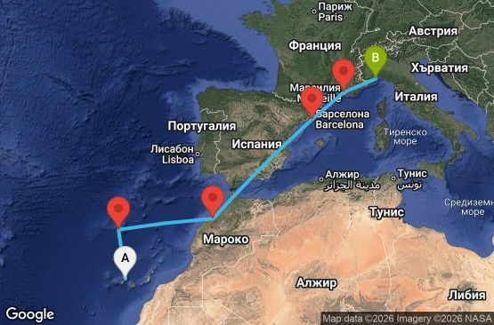 Маршрут на круиз 7 дни Канарски острови, Мадейра, Мароко, Испания, Франция, Италия - TCI07A27