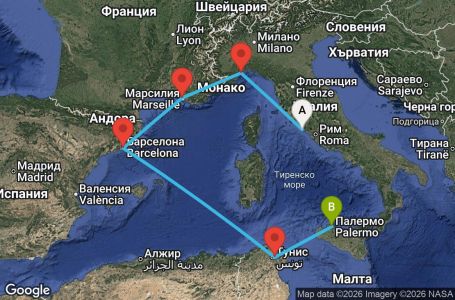 Маршрут на круиз 6 дни Италия, Франция, Испания, Тунис - CIV06A1T