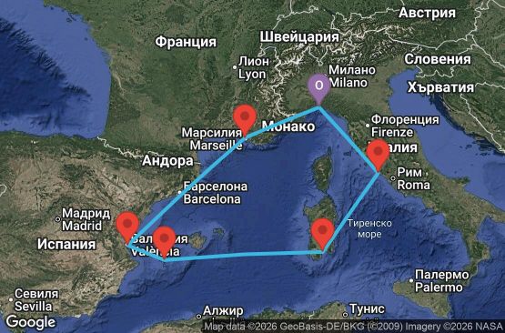 Маршрут на круиз 7 дни Италия, Франция, Испания - UZ5G