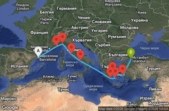 Маршрут на круиз 12 дни Испания, Монако, Италия, Гърция, Турция - EP20260425BCNIST