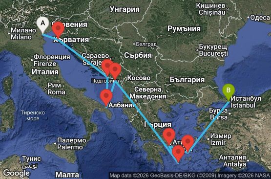 Маршрут на круиз 10 дни Италия, Хърватия, Черна гора, Гърция, Турция - EP20260518FSAIST