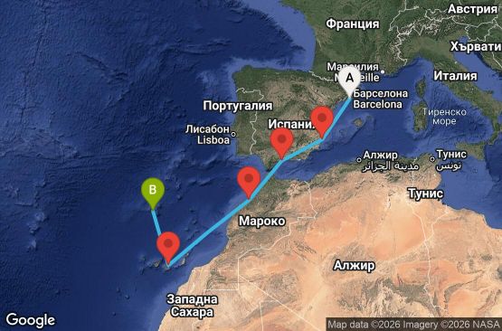 Маршрут на круиз 6 дни Испания, Мароко, Португалия - BCN06A23