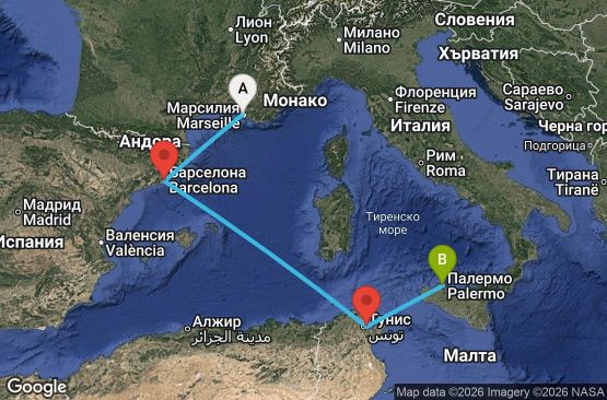 Маршрут на круиз 4 дни Франция, Испания, Тунис, Италия - MRS04A3T