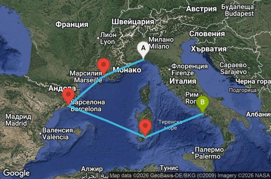 Маршрут на круиз 5 дни Италия, Франция, Испания - GOA05A19