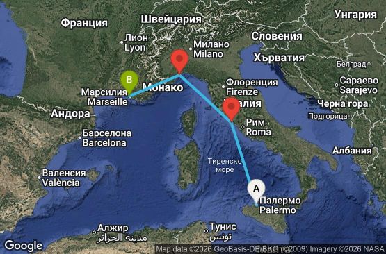 Маршрут на круиз 3 дни Италия, Франция - PMO03A10