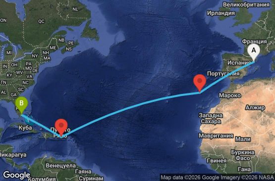 Маршрут на круиз 13 дни Испания, Португалия, Пуерто Рико, САЩ - UXBZ