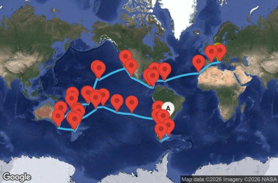 Маршрут на круиз 99 дни Аржентина, Фолкландски острови (Малвински), Чили, Великобритания, Френска Полинезия, Острови Кук, Нова Зеландия, Австралия, Нова Каледония, Вануату, Самоа, Американска Самоа, САЩ, Мексико, Коста Рика, Панама, Ямайка, Британски вирджински острови, Нидерландски Антили, Испания, Италия - UYQ3