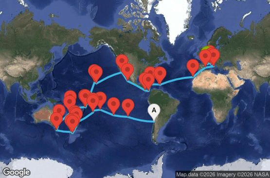 Маршрут на круиз 86 дни Чили, Великобритания, Френска Полинезия, Острови Кук, Нова Зеландия, Австралия, Нова Каледония, Вануату, Самоа, Американска Самоа, САЩ, Мексико, Коста Рика, Панама, Ямайка, Британски вирджински острови, Нидерландски Антили, Испания, Италия, Франция - UYPW