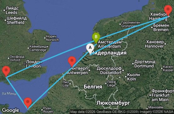Маршрут на круиз 7 дни Нидерландия, Германия, Великобритания, Франция, Белгия - UZ1L