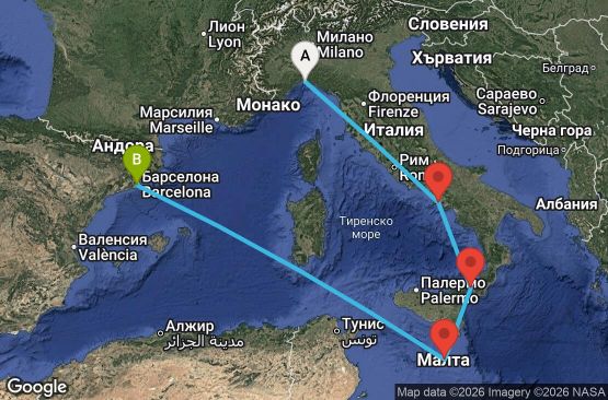 Маршрут на круиз 5 дни Италия, Малта, Испания - UXQP