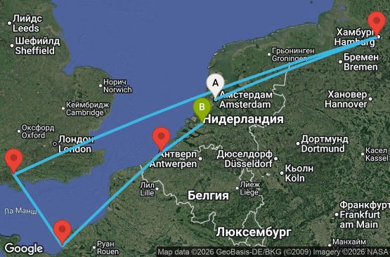 Маршрут на круиз 7 дни Нидерландия, Германия, Великобритания, Франция, Белгия - UZ1R