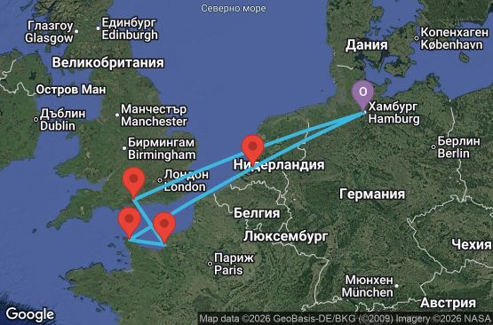 Маршрут на круиз 7 дни Германия, Великобритания, Франция, Нидерландия - UZ1J
