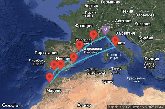 Маршрут на круиз 10 дни Италия, Франция, Испания, Мароко - UYPT