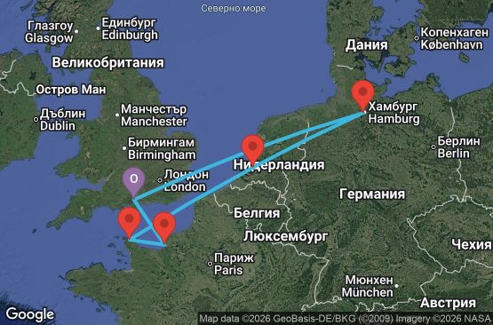 Маршрут на круиз 7 дни Великобритания, Франция, Нидерландия, Германия - UZ1M