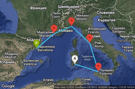 Маршрут на круиз 5 дни Италия, Франция, Испания - CAG05A0A