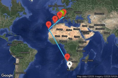 Маршрут на круиз 20 дни Южна Африка, Намибия, Испания, Гибралтар, Италия, Франция - CPT20A0J