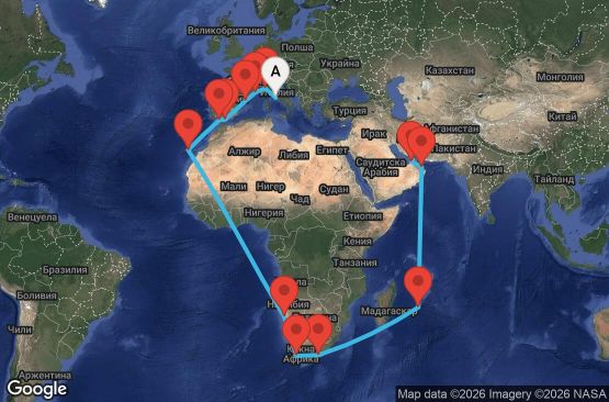 Маршрут на круиз 39 дни Италия, Франция, Испания, Намибия, Южна Африка, Мавриций, Оман, Обединени арабски емирства - CIV39A03